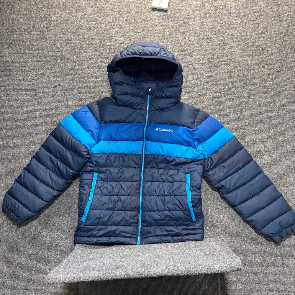Columbia Boys Size M Blue Two Tone Hooded Down Feather Puffer Jacket Coat 10 12